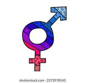 Bold gender symbol illustration in vibrant blue, pink, and purple tones, symbolizing inclusivity, diversity, equality. Ideal for LGBTQ+ pride events, awareness campaigns, and identity representation