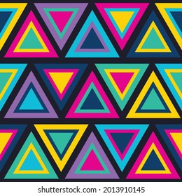 Bold geometric 80's triangle seamless vector pattern. Vibrant, bright and colourful triangular eighties retro style design. Blue, purple, pink, green, yellow 1980's background wallpaper texture print.