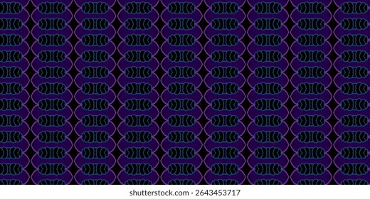 Padrão abstrato geométrico em negrito em tons de preto, roxo e azul. Estrutura repetitiva com bordas brilhantes para fundos de moda ou tecnologia.