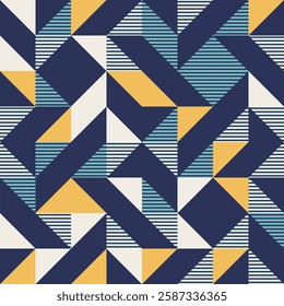 Bold geometric abstract pattern of triangles, striped teal elements, dynamic and visually engaging composition, repetitive and symmetrical arrangement of shapes, seamless vector pattern