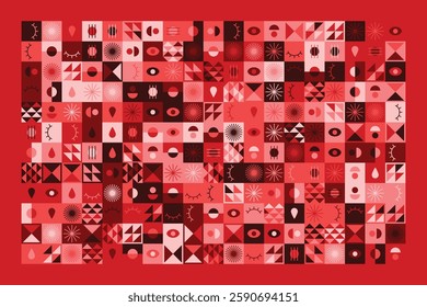 A bold geometric artwork in red hues, featuring abstract patterns, symbols, and shapes. The design blends Bauhaus and tribal aesthetics, creating a rhythmic, modern, and visually striking composition.