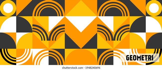 Bold geometric artwork with symmetrical abstract shapes in black, yellow. Dynamic arches and triangle forms give this design a modern, Scandinavian style art aesthetic