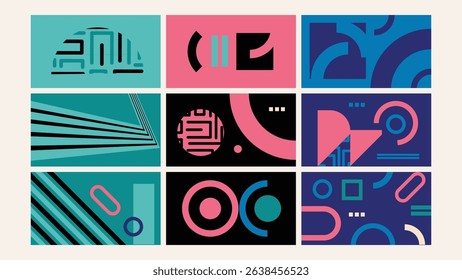 Bold geometric background featuring pink, teal, and black abstract shapes in a striking visual layout.