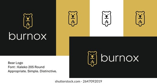 Bold geometric bear logo holding flame in minimalist line style. A clean, iconic symbol ideal for BBQ brands, outdoor events, grilling products, or food-based merchandise and branding.