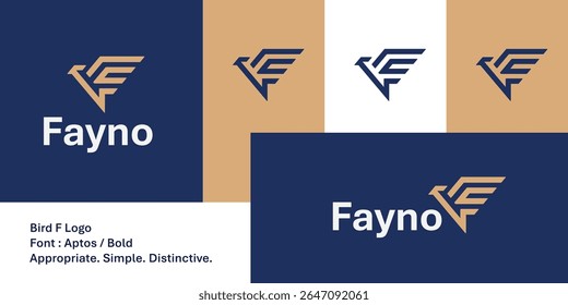 Bold geometric bird F logo for modern brands and apparel labels.
This abstract monogram combines the letter F with a stylized bird, using sharp lines and clean negative space. 