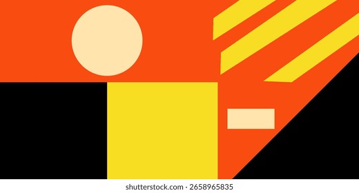 Fundo de brutalidade geométrica negrito em laranja e amarelo. Fundo brutalista abstrato colorido com formas geométricas arrojadas em vermelho, amarelo e preto.