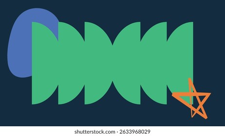 Bold geometric composition with green, blue and orange shapes over a dark background, evoking modern visual energy.