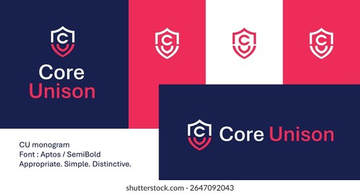 Bold geometric CU monogram logo inside modern split shield icon. This minimal, security-themed design is perfect for digital security, fintech, apps, or protection-based branding.