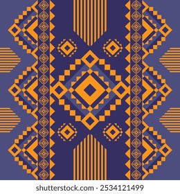 Diseño geométrico atrevido con patrones de inspiración tribal en naranja y azul, con Formas y líneas simétricas que crean una composición vibrante