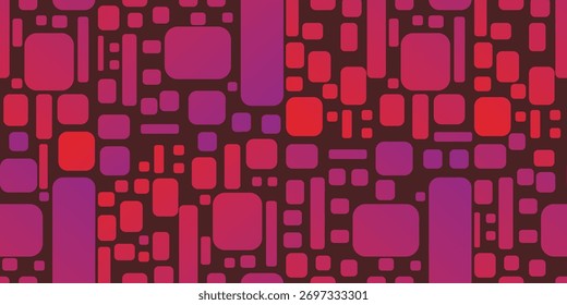 A bold geometric design of rounded rectangles in red and purple tones, evoking a retro digital vibe.