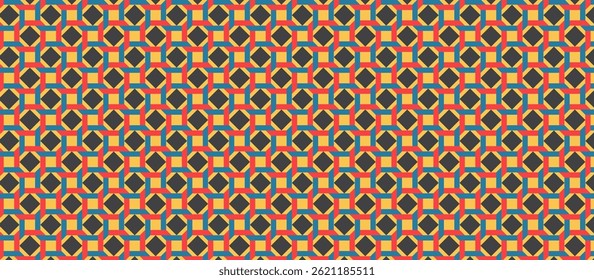 Padrão de diamante geométrico negrito com contornos vermelho, azul-petróleo e mostarda - Design de deslocamento interconectado intrincado para fundos e texturas modernos