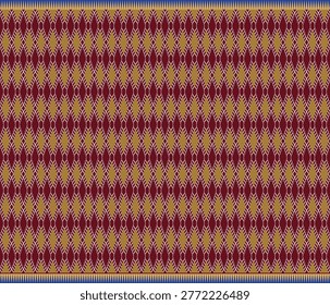 Bold geometric ethnic pattern featuring repeating diamond shapes in warm gold tones over a rich red background, accented with fine linear details and decorative borders. The structured symmetry and vibrant contrast create a striking textile-inspired design, ideal for fabric, fashion, wallpaper, packaging, and modern surface applications.