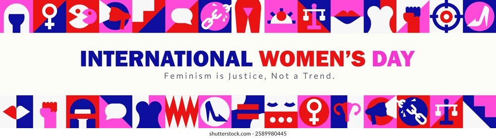 Bold geometric feminist panoramic banner for Women's History Month in red, pink, blue, and white colors with powerful geometric symbols. Header design. Gender equality, self empowerment, human rights