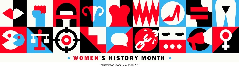 Bold geometric feminist panoramic banner for Women's History Month in red, black, blue, and white colors with powerful geometric symbols. Header design. Equality, empowerment, resistance, human rights