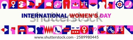 Bold geometric feminist panoramic banner for Women's History Month in red, pink, blue, and white colors with powerful geometric symbols. Header design. Gender equality, self empowerment, human rights