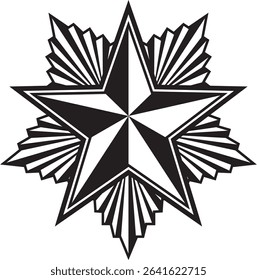 A bold, geometric five-pointed star with sharp, symmetrical edges, layered over an ornamental sunburst-style background. The high-contrast black and white design gives it a military, heraldic, or awar