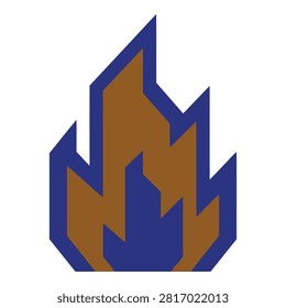 A bold, geometric flame icon composed of layered blue and brown polygonal shapes with a dynamic, abstract design.