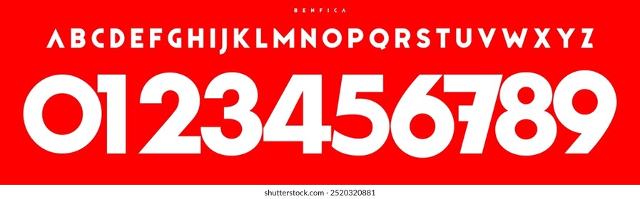 Bold geometric font, clean sharp edges numbers and letters, modern sans serif for powerful logos, striking headlines, sports branding, jersey numbers, team merchandise. Vector typeset