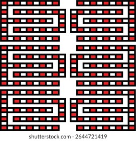 A bold geometric grid of rectangular maze-like patterns in black, red, and white, arranged in a symmetrical tiled layout.
