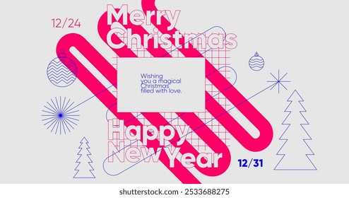 Bold geometric holiday poster for Christmas and New Year 2025, featuring abstract lines, festive ornaments, and a grid design. Bright pink and blue elements on a minimalist background.