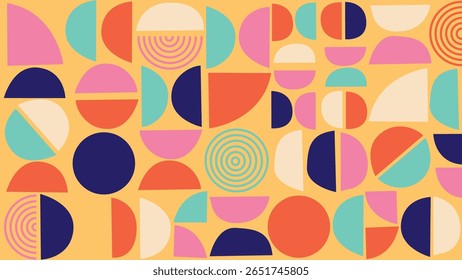 Bold geometric illustration featuring circles and semicircles in a colorful and lively composition. Creative yellow canvas design for digital media or art decoration.