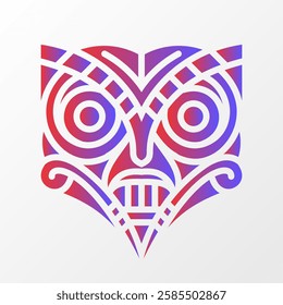 A bold geometric illustration of an owl-inspired mask with intricate tribal patterns, featuring red and blue gradient on a white background. Colorful Geometric Owl Mask Illustration