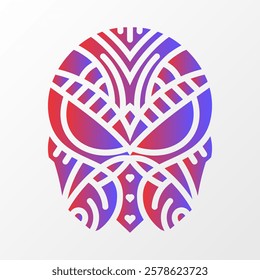 A bold geometric illustration of a skull with intricate tribal-inspired patterns, featuring red and blue gradient colors on a white background. Colorful Geometric Skull Design Illustration