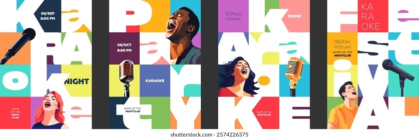 Bold geometric karaoke poster set. Modern brutalist design with microphones, singers, and vibrant patterns. Trendy artwork for music events, concerts, and nightlife promotions with colorful visuals