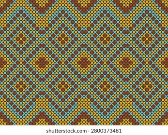 Bold geometric knit pattern with layered diamonds and circular motifs in mustard, brown, and aqua. Ideal for sweaters, scarves, blankets, cushions, upholstery, and fashion accessories.
