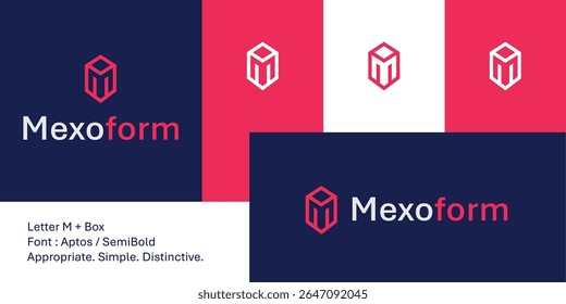 Letra geométrica em negrito logotipo da caixa M para armazenamento modular ou flexível. O ícone forma a letra M em espaço negativo dentro de um cubo compacto, simbolizando adaptabilidade e estrutura