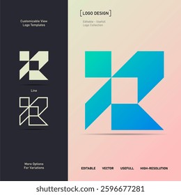 A bold, geometric letter "R" logo with gradient colors. Ideal for branding, corporate identity, and digital projects. Includes flat and line variations for flexible use in various applications.