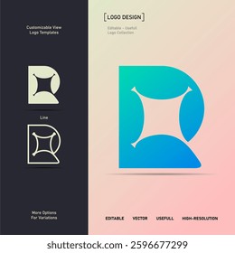 A bold, geometric letter "R" logo with gradient colors. Ideal for branding, corporate identity, and digital projects. Includes flat and line variations for flexible use in various applications.