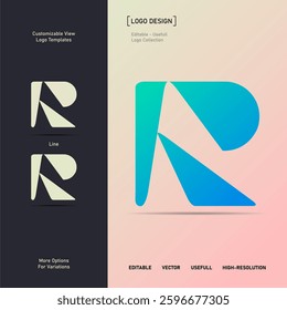 A bold, geometric letter "R" logo with gradient colors. Ideal for branding, corporate identity, and digital projects. Includes flat and line variations for flexible use in various applications.