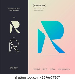 A bold, geometric letter "R" logo with gradient colors. Ideal for branding, corporate identity, and digital projects. Includes flat and line variations for flexible use in various applications.