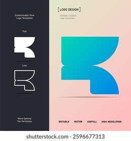 A bold, geometric letter "R" logo with gradient colors. Ideal for branding, corporate identity, and digital projects. Includes flat and line variations for flexible use in various applications.
