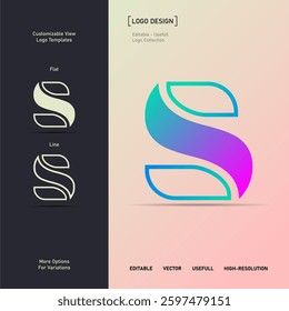 A bold, geometric letter "S" logo with gradient colors. Ideal for branding, corporate identity, and digital projects. Includes flat and line variations for flexible use in various applications.