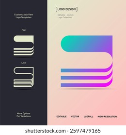 A bold, geometric letter "S" logo with gradient colors. Ideal for branding, corporate identity, and digital projects. Includes flat and line variations for flexible use in various applications.