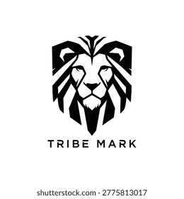 Bold geometric lion head logo for tribal or sports branding. Conveying strength, power and leadership with a minimal black-and-white emblem ideal for modern brand identity and mascots.
