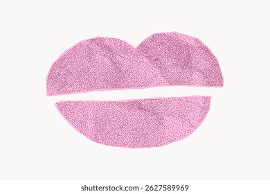 Bold geometric lips form with jagged torn edges on white background. Sticker made of pink crumpled paper with gritty halftone texture, notebook sheet.