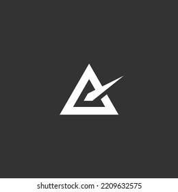 Bold geometric logo design concept. Comet or a star fly into a triangle icon isolated on dark background. 