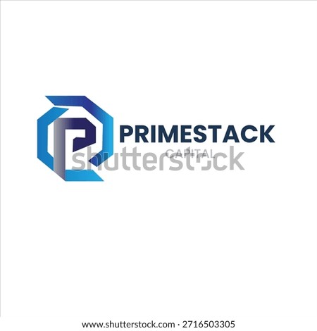 Bold geometric logo design featuring a modern P monogram inside an angular hexagonoctagon shape in gradient cobalt and navy blue, paired with the text “PRIMESTACK CAPITAL” in a clean sans serif font.
