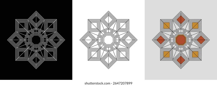 Bold geometric mandala with hexagon patterns and precise radial balance for modern decor.