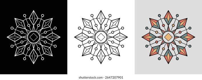 Bold geometric mandala with simple lines and diamond shapes for modern decorative art.