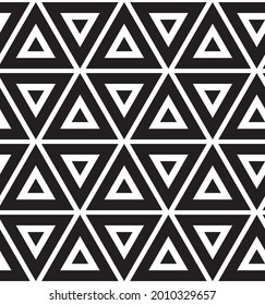 Bold geometric monochrome seamless vector pattern. Black and white triangular shapes in geo aesthetic, modern style design. Large, abstract, minimal, simple repeat background wallpaper texture print. 