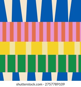 Bold geometric pattern featuring colorful stripes and triangles, showcasing a vivid and abstract arrangement. Perfect for modern art and design projects.