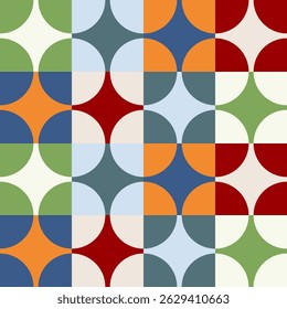 Vet geometrisch patroon met kruisende cirkels in een kleurrijk retro-palet. Ideaal voor achtergronden, textiel, behang en moderne ontwerpprojecten.