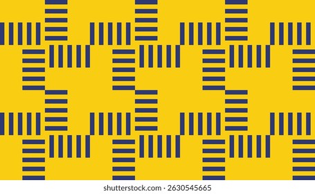 Bold geometric pattern featuring navy blue stripes arranged in a dynamic, staggered layout over a vibrant yellow background. Ideal for modern textile design, packaging, or digital wallpaper