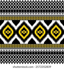 A Bold geometric pattern featuring yellow and black colors, with intricate designs and shapes. This textile design is perfect for various applications like fashion and home decor