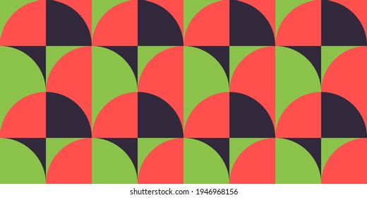 Bold geometric pattern with half-circle shapes in coral, green, and black. Ideal for retro themed branding, modern textile scandinavian style,minimal art.creative retro design.