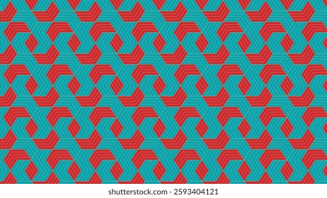 A bold geometric pattern with interlocking hexagonal shapes in vibrant red and teal.